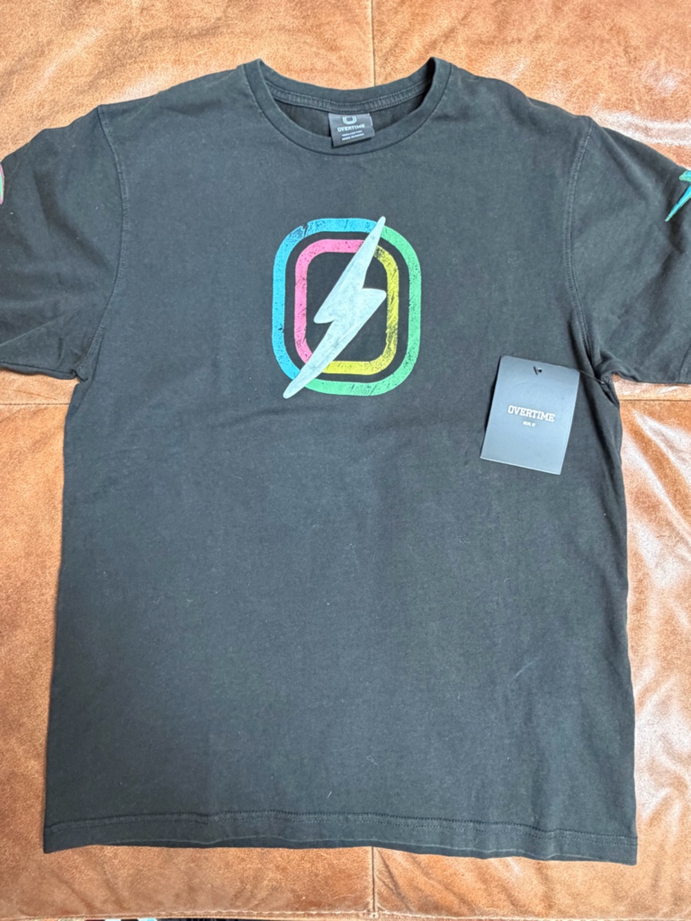 Overtime Men's Medium Cotton T-Shirt Black With Color Logo Lightning Bolt NWT
